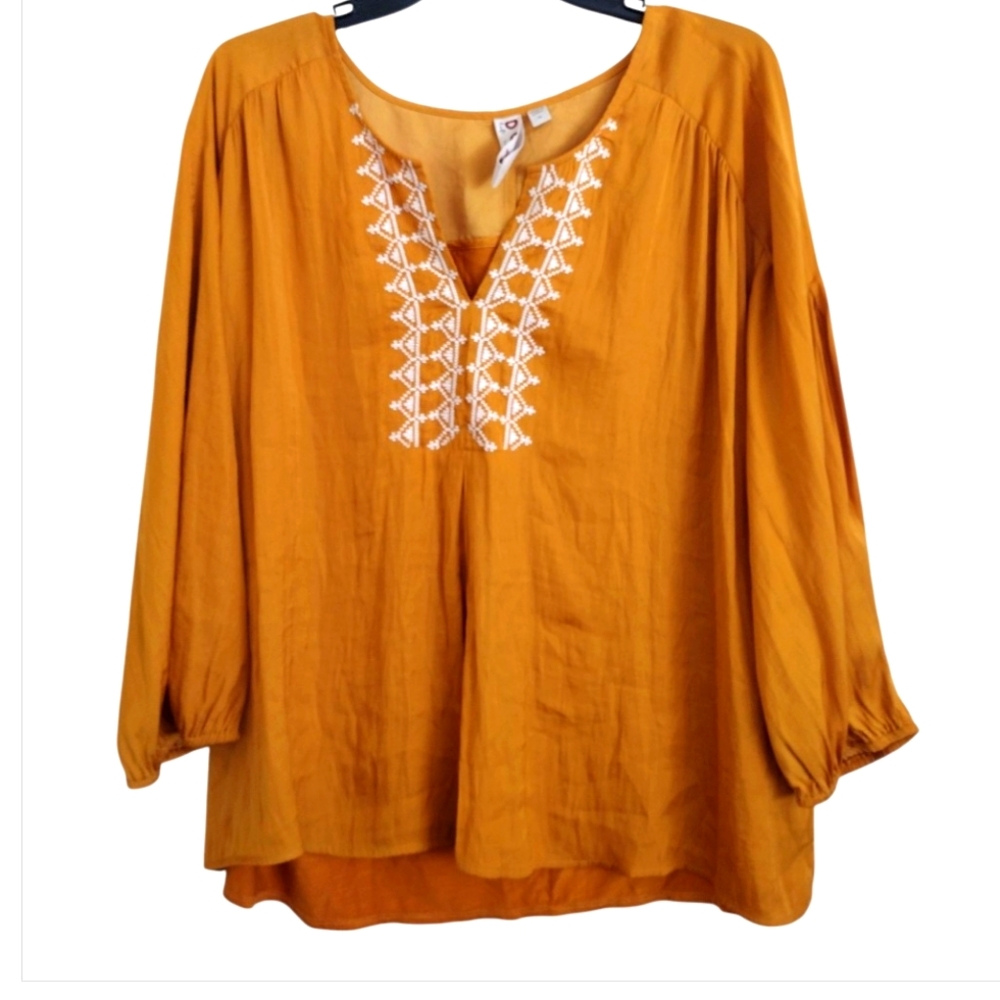 Dolan Anthropologie Embroidered Mustard Yellow Alvia Peasant Top Size XL